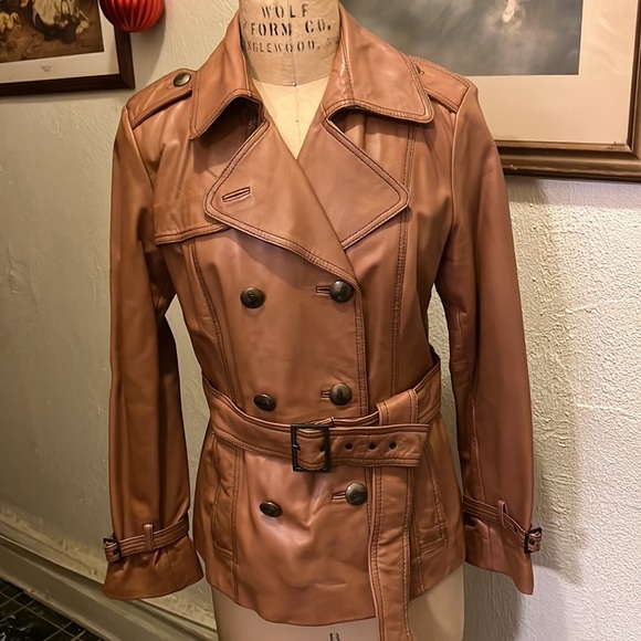 Guess Jackets & Blazers - Guess Tan Leather Double Breasted Jacket Belted with Pockets Size L